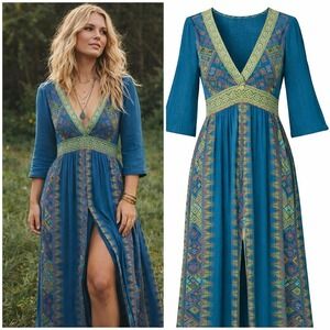 Earthbound Trading Co Womens Geometric Print Maxi Dress Teal Green Size S